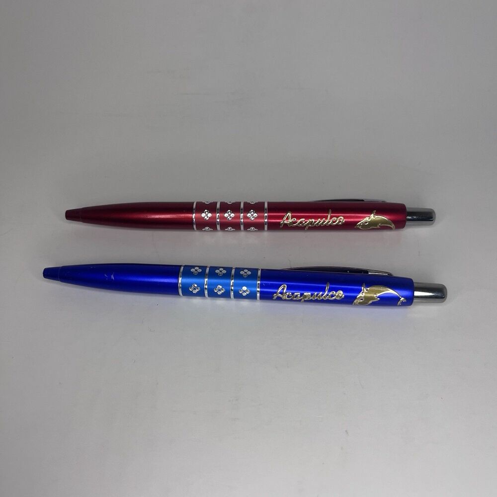 Acapulco Souvenir Dolphin Ballpoint Pens Red Blue Metal Rhinestone Set of 2